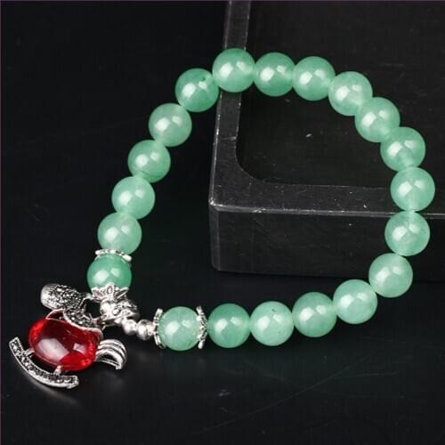 Silver Plated Red Crystal Horse Connect Green Aventurine Round Beads Elastic Bracelet Fashion Jewelry