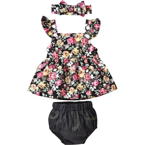 3Pcs Baby Girl Summer Clothes Outfits Ruffle Sleeveless Floral Crop Tops + Bloomer Shorts + Headband Set