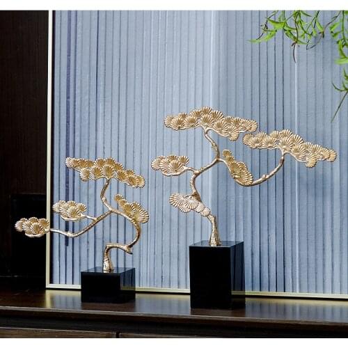 Creative Chinese Style Gold Metal Marble Greeting Pine Crafts Home Decoration