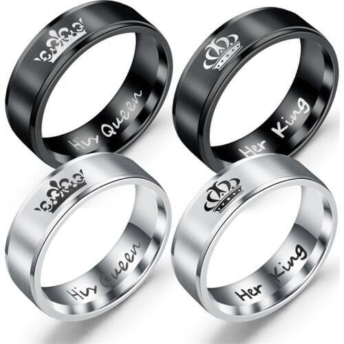 Fashion Stainless Steel Couple Rings Black Crown Her King His Queen Couple Jewelry Anniversary Valentines Day Gifts
