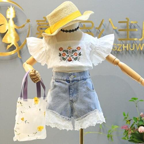Fashion Embroider Top Lace Jean Shorts 2-Piece Set For Girls Clothes Suit Childrens Summer Outfit 2021 Sweet Kids 3-8 Years