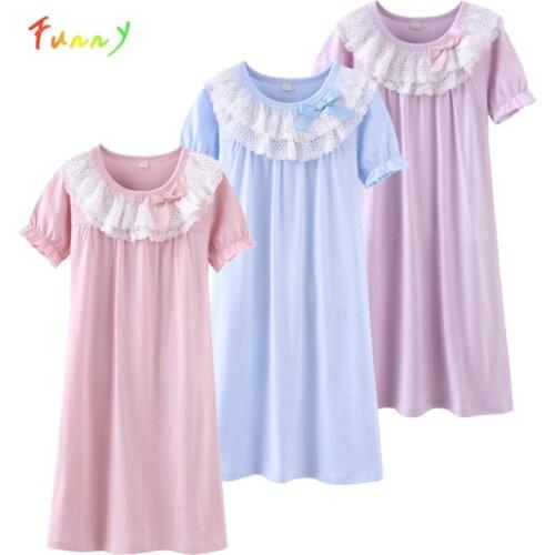 Princess Nightgowns Girls Summer Dress 2021 Fashion Cotton Kids Sleepwear Solid Lace Pajama Girl Nightdress 4 6 8 10 12 14 Years