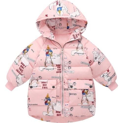 Autumn and Winter New Thick Mid-Length Childrens Fashion Printed Hooded Down Padded Jacket Boys and Girls Padded Overcoat