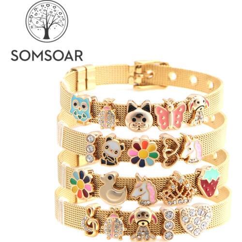 Drop shipping Somsoar Jewelry Golden Mesh Bracelet Set Stainless steel Bracelet with 5pcs slide Charms as Christmas Day Gift