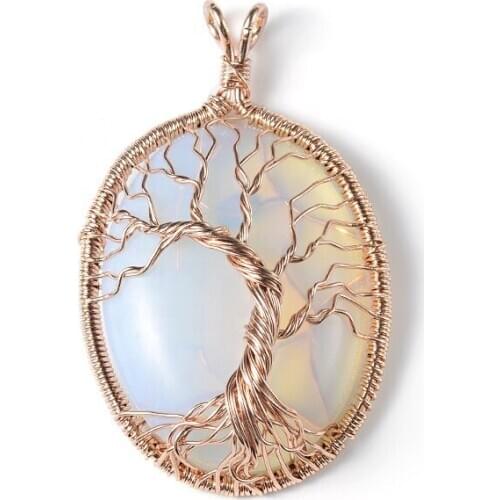 Rose Gold Color Wire Wrap Oval Shape Opalite Opal Pendant Green Aventurine Tree of Life Jewelry