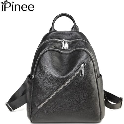 IPinee Anti Theft Women Genuine Leather Backpack Black High Quality Female Shoulder Bag Cowhide Travel Backpack