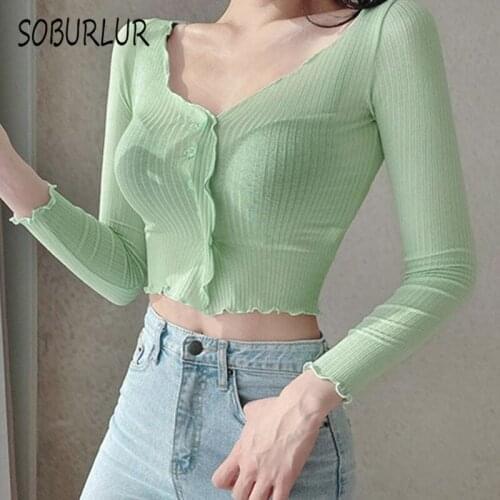 SOBURLUR Summer Korean Kawaii Blousas Long Sleeve Cropped Womens Blouses Solid White Shirt Crop Tops Female Clothes Casual Tees