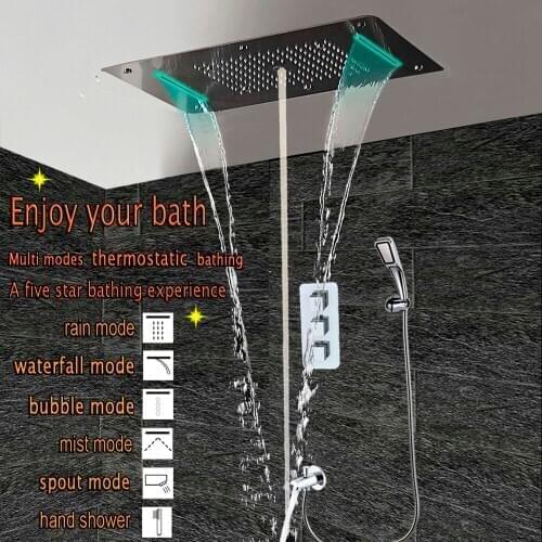LED Shower Set 700*380 mm Ceiling Mount Shower Head Rainfall Waterfall Misty Bubble Thermostatic Shower Mixing Valve+Spout