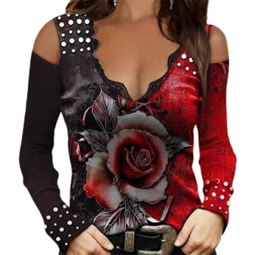 Summer Women T-Shirt Plus Size Sexy Lace V-neck Fashion Off-shoulder Slims Fit Female T-Shirts Ladies Long Sleeve Tops Tshirt