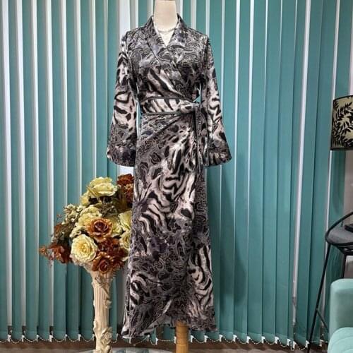 Fashion Designer 2021 Autumn Vintage Dress Women Leopard Long Sleeve Belt Elegant Pajamas Long Dresses