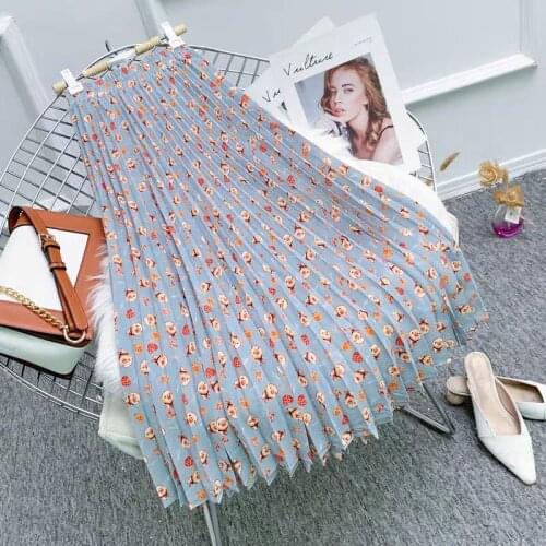 New 2021 Vintage Floral Printed Tulle Pleated Mi-long Women Skirts High Waist Loose Female Umbrella Skirts Spring Summer