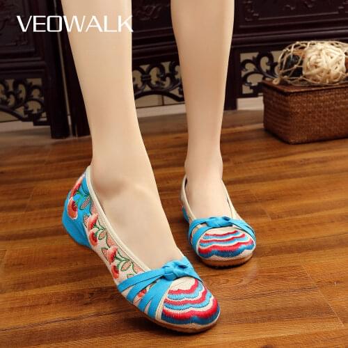 Veowalk Spring Women Cotton Fabric Flower Embroidered Ballet Flats Ladies Comfortable Casual Soft Slip-On Ballerinas Shoes