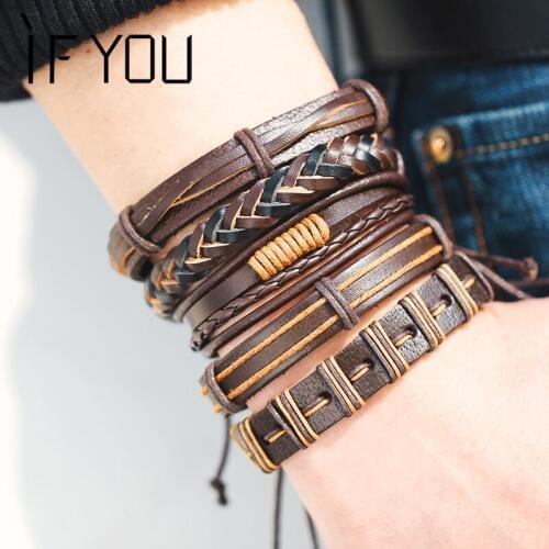 IF YOU Charm Multilayer Vintage Corrugated Leather Bracelets & Bangles Women Punk Leather Bracelets Bead Pulseira Feminina