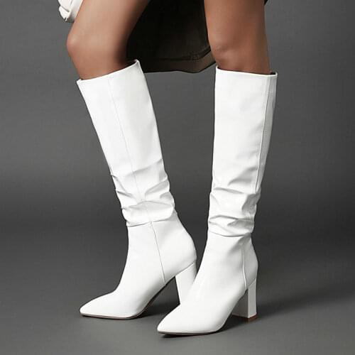 Red Black White Patent Leather Women Boots Fashion Slip On Pleated Knee High Boots Low Heel Pointed Toe Autumn Winter Lady Shoes