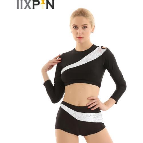 Gymnastics Leotard For Women Shiny Sequins Squad Dance Team Costume Outfit Round Neck Long Sleeves Crop Top with Tight Shorts