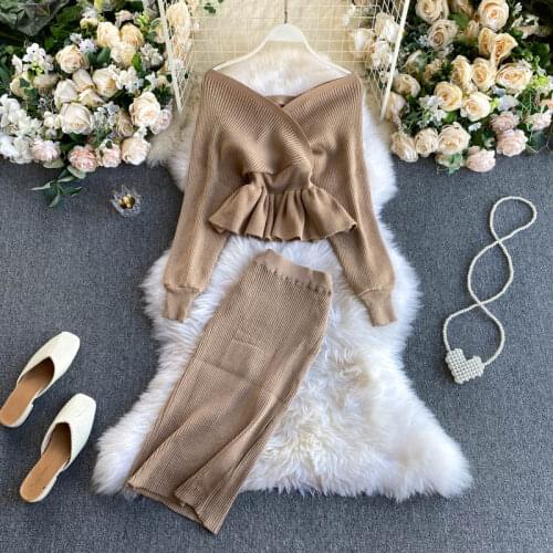 Women Sweater Two Piece Outfits New Autumn Winter Sexy V Neck Pullover and Wrap Skirt Set Woman Elegant 2 Piece Sets Clothes