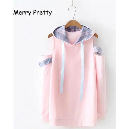 MERRY PRETTY Women Off Shoulder Pink Hooded Sweatshirts 2020 Spring Long Sleeve Drawstring Pullover Femme Sweet Style Hoodies