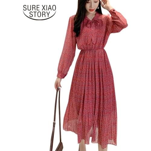 Elastic Waist Vestidos Elegant Dresses Bow Floral Dress Autumn 2021 New Mid-calf Dress Long Sleeved Chiffon Dresses 7152 50