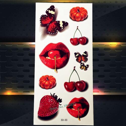 1PC Sexy Red Lip Stick Designs Fake Flash Temporary Tattoo Stickers P3D-33 Cherry Pattern 3D Tattoo Paste Paper Women