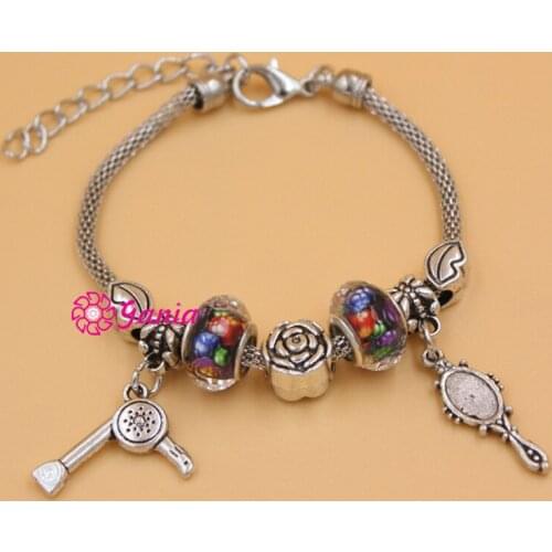 10PCS/Lot Wholesale Fashion Jewelry Charm Bracelets Lips Rose Bead Hair Stylist Mirror Hair Dryer Charm Bracelets for Women
