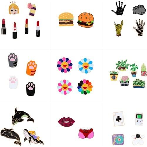 2-6pcs Set Fashion Brooches Pins Lipstick Flowers Plants Animals Enamel Jackets Lapel Pin Button Badge Gifts For Women Man Kids