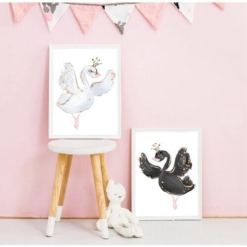 Ballerina Black Swan Crown Watercolor Wall Art Canvas Painting Baby Girl Birthday Gift Swan Nordic Posters Print Kids Wall Decor