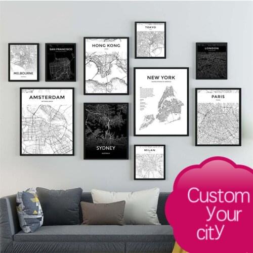 Black and White Custom World City Map Poster Paris London New Cities World City Map Moscow Vienna Canvas Painting Home Decor