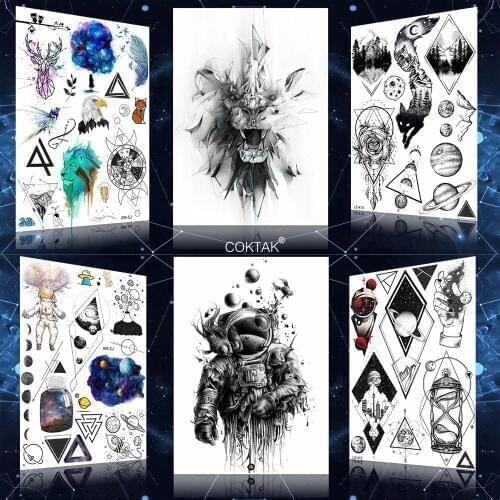 Black Sketch Lion Astronaut Galaxy Planet Diamond Temporary Tattoos Stickers Women Men Body Arm Tattoo Sexy Cosmetic Custom Tato