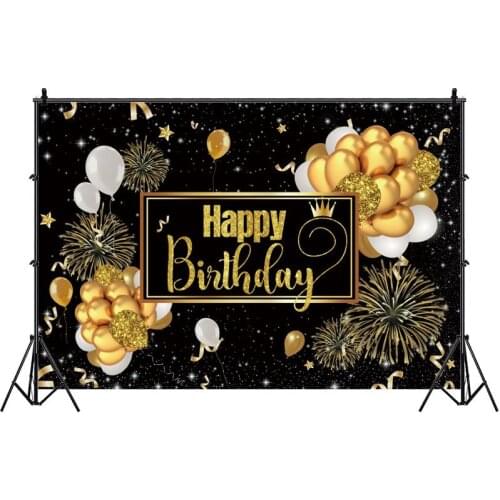 Black Gold Happy Birthday Backdrop Firework Balloon Adult Party Photo Background Banner Decorations Supplies