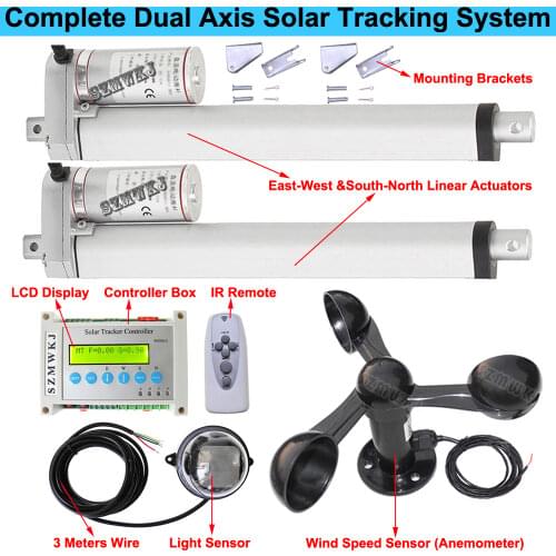 Dual Axis 10" Linear Actuator 350mm 12V DC Motor +LCD Controller +Wind Speed Sensor DIY Solar Tracking Tracker Home Power Supply