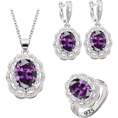Geometric Purple Zircon Silver Color Jewelry Sets for Women Gift Earrings Necklace Pendant Ring