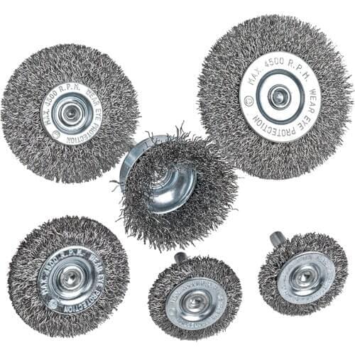 HLZS-6Piece Wire Wheel Cup Brush Set 0.0118In Coarse Crimped Steel 1/4In Round Shank for Drill