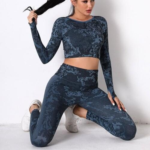 Camouflage Seamless Gym Suits Womens Workout Sets Sexy Gym Wear High Waist Leggings Long Sleeve Crop Top Fitness Yoga Set