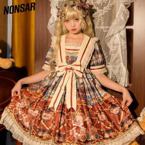 NONSAR Classical Lolita Dress Cute Soft Girls Sweet For Women Party Elegant Clothes Summer Short Sleeve Bow Dress