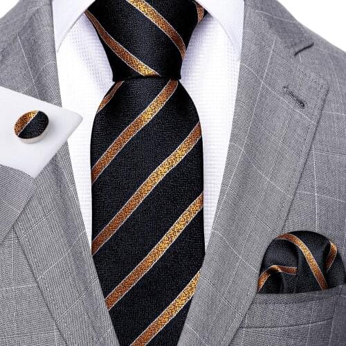 Fashion Black Gold Striped Men Tie Set Silk Jacquard Neckties Wedding Business Handkerchief Cufflink Tie Set Barry.Wang FA-5293