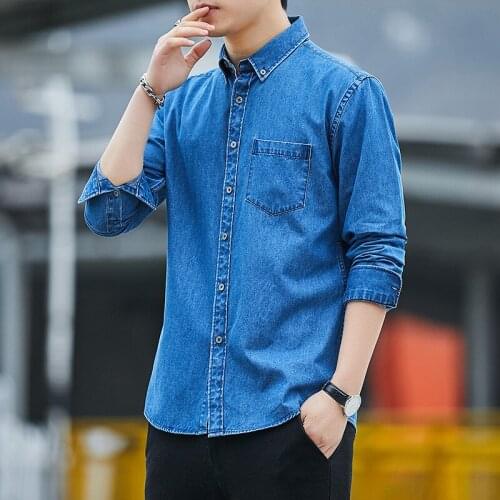 Mens Long Sleeve Denim Shirt Japanese Style Slim Fit Casual Cotton Jeans Shirts Cowboy Clothing