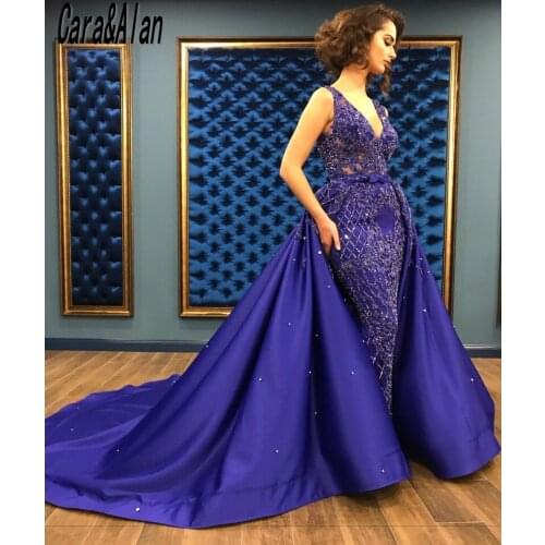 Charming Blue Prom Dresses with Detachable Train Mermaid Evening Gowns for Women Sequin Applique robe de soirée femme 2021