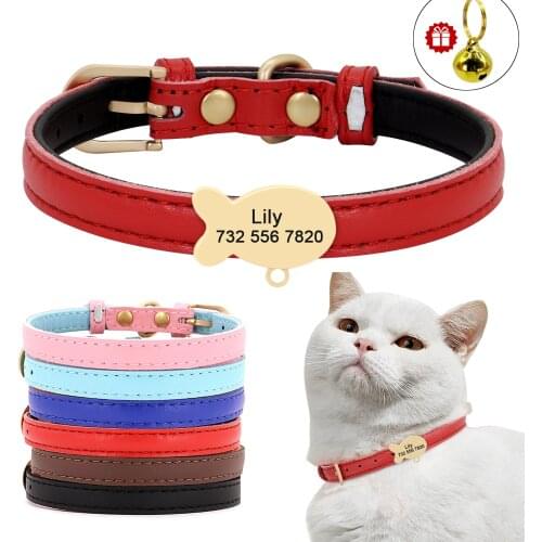 Custom Leather Cat Collar Personalized Small Dog Puppy Collar Engraved Cat Pet Collars Adjustable for Chihuahua Yorkie Red XS S