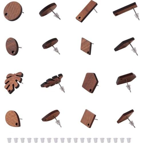 Pandahall 16pairs/box Walnut Wood Stud Earring Findings Plastic Ear Nuts Mixed Shapes for Jewelry Making DIY Earring Finding