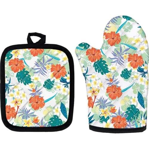 Polynesian Hibiscus Pattern Heat Insulation Gloves Hot Sales Kitchen Oven 2pcs Potholder Mitten and Mat for Baking Microwave