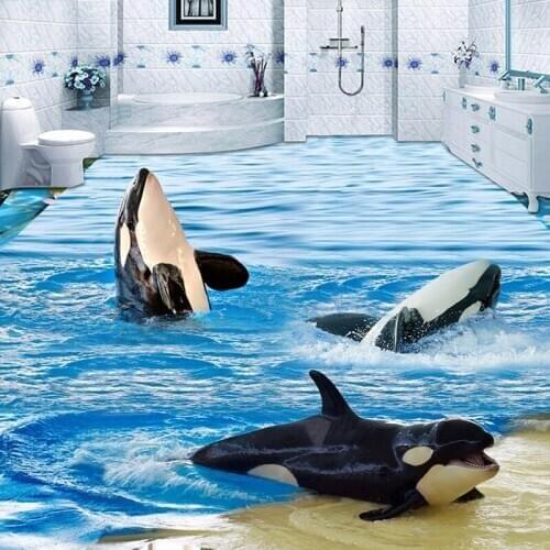 Custom 3D Flooring Mural Wallpaper Dolphin Ocean Waves Toilet Bathroom Bedroom Floor Sticker Waterproof Self-adhesive Painting