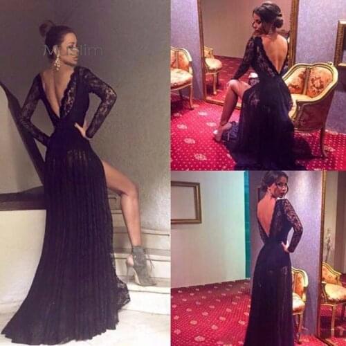 Sexy Black Lace Prom Dresses V Neck Long Sleeve High Slit Long Evening Dress 2020 Long Backless Night Party Prom Skirts Elegant