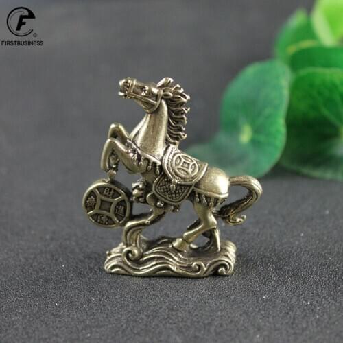 Brass Horse Step on Coins Lucky Statue Feng Shui Desk Ornament Zodiac Animal Figurines Miniatures Pure Copper Crafts Collections