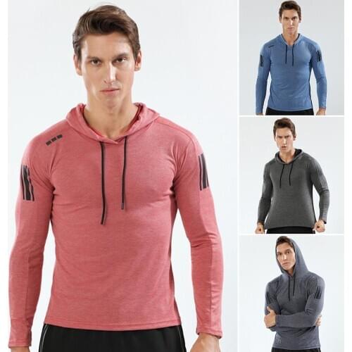 Men Cotton Thin Elastic Long Sleeve Drawstring Hoodie Sports Gym Workout Sweatshirt Male gym Breathable Sportwear