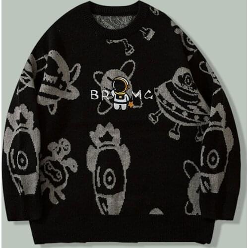 Harajuku Streetwear Astronaut Embroidery Knitted Sweaters Hip Hop UFO Printing Loose Sweater 2021 Winter Campus Hipster Pullover