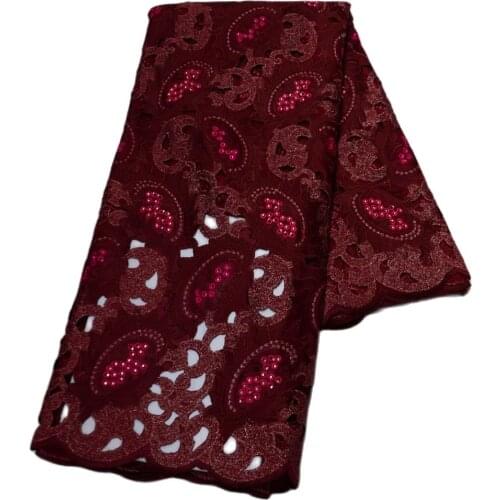 High Quality Heavy Korea 100% Cotton in Burgandy Color with Shinning Stones Fashion Aso-Ebi Swiss Voile Lace Fabric CL055