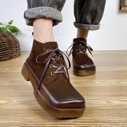 Female Square Toe Platform Boots Genuine Leather Women Shoes 2020 Winter Retro Width Lace-up Handmade Special Ankle Women Boots