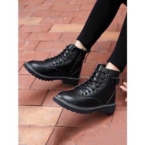 White Black Leather White Boots Women 2020 Winter Round Toe Lace Up Shoes Woman Fashion Motorcycle Platform Botas size 41