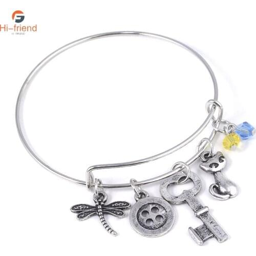 Anime Horror Black Cat Bracelet Dragonfly Button Key Gem Charm Bracelet for Women Girl Gift Jewelry Cosplay Prop