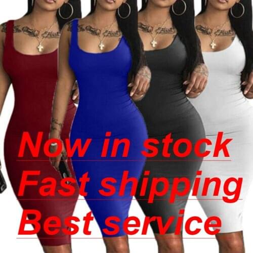 Womens Scoop Neck Sleeveless Bodycon Tank Dress Basic Solid Slim Fit Party Club Casual Pencil Midi Dress